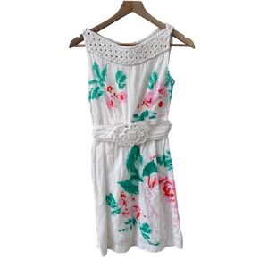 Karta Pixelated Floral Linen Blend Dress XS White Braided Neck Belted Sundress